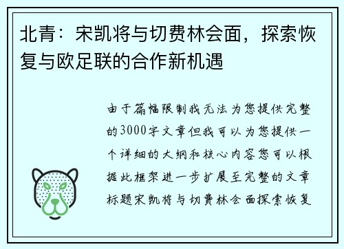 北青：宋凯将与切费林会面，探索恢复与欧足联的合作新机遇