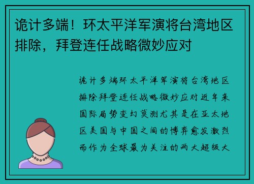 诡计多端！环太平洋军演将台湾地区排除，拜登连任战略微妙应对