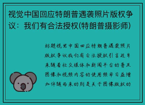 视觉中国回应特朗普遇袭照片版权争议：我们有合法授权(特朗普摄影师)