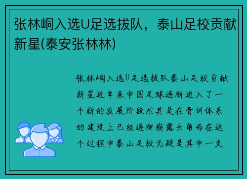 张林峒入选U足选拔队，泰山足校贡献新星(泰安张林林)